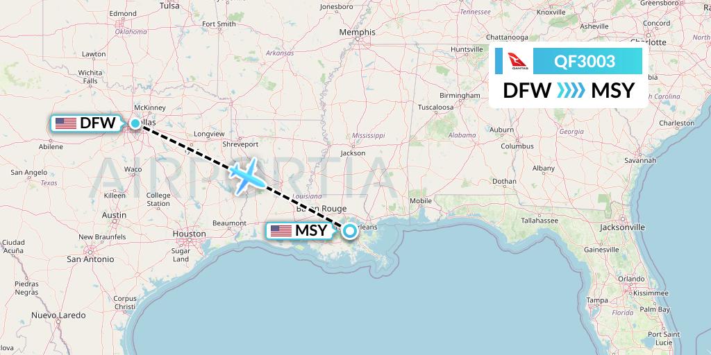 QF3003 Qantas Flight Map: Dallas to New Orleans