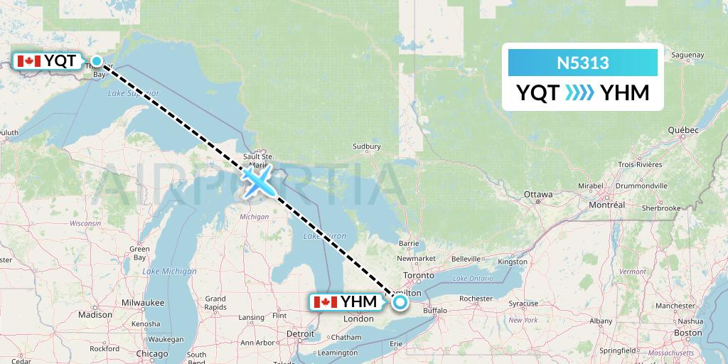 N5313 Nolinor Aviation Flight Map: Thunder Bay to Hamilton