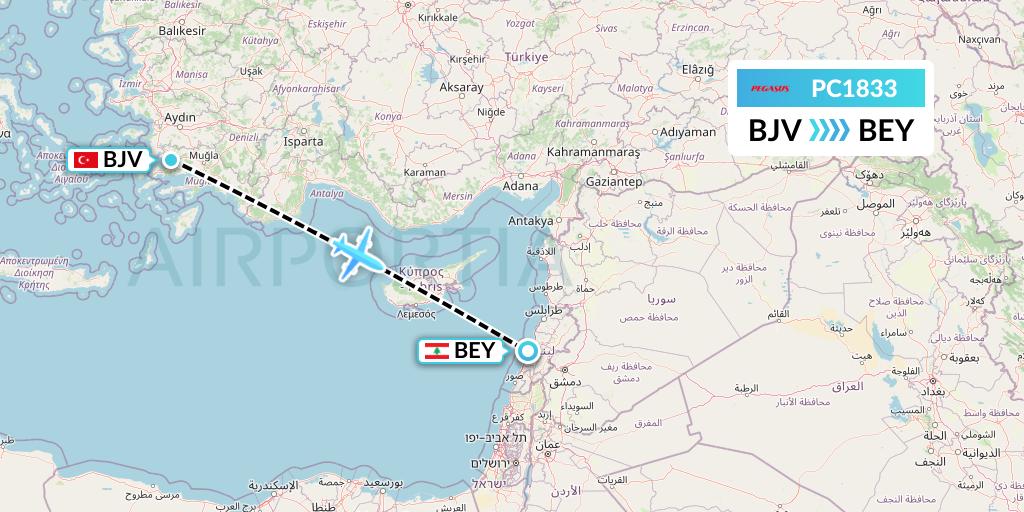 PC1833 Pegasus Airlines Flight Map: Bodrum to Beirut