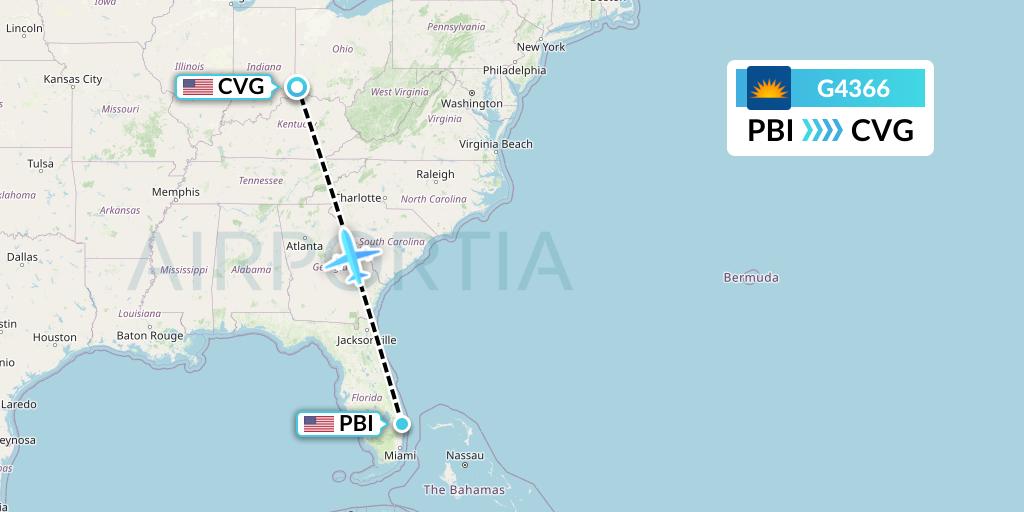 G4366 Allegiant Air Flight Map: West Palm Beach to Cincinnati