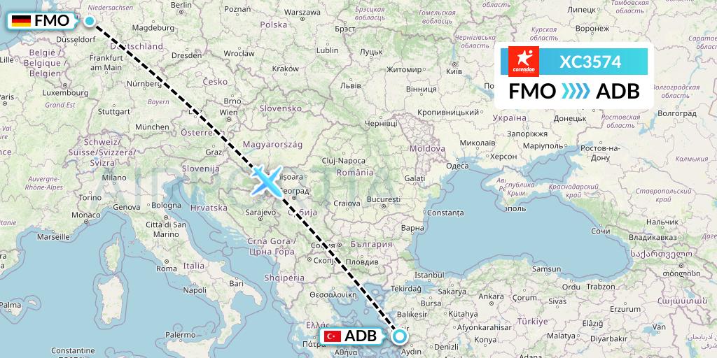 XC3574 Corendon Airlines Flight Map: Munster to Izmir