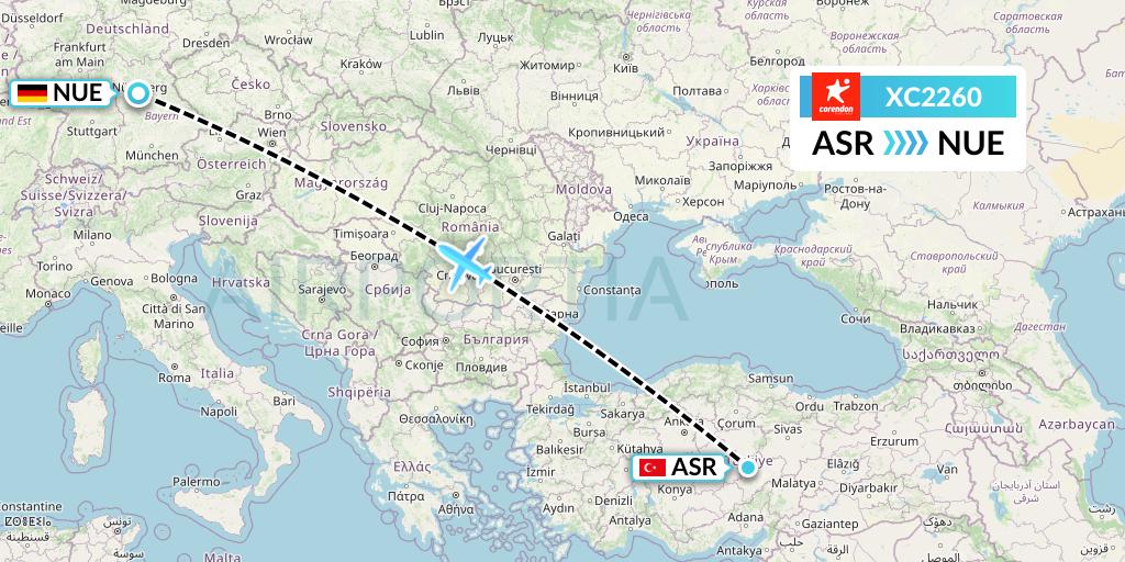 XC2260 Corendon Airlines Flight Map: Kayseri to Nurnberg