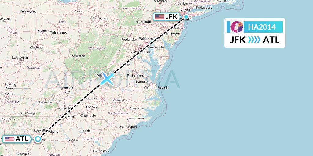 HA2014 Hawaiian Airlines Flight Map: New York to Atlanta
