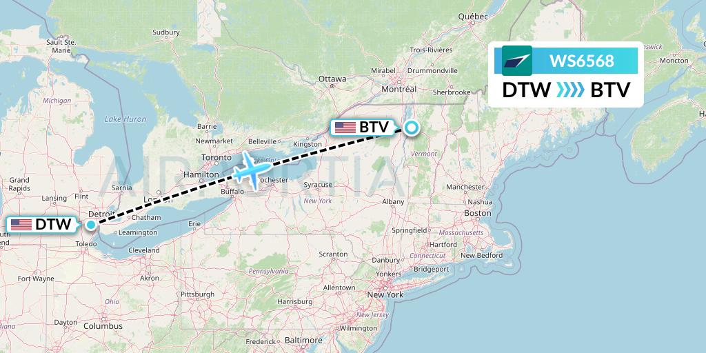 WS6568 WestJet Flight Map: Detroit to Burlington