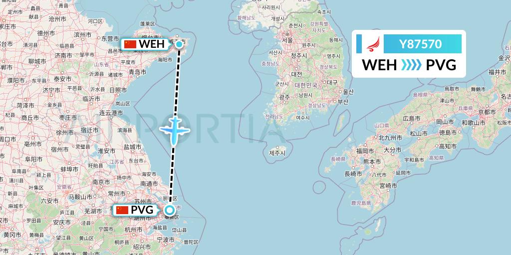 Y87570 Yangtze River Express Flight Map: Weihai to Shanghai