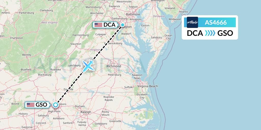AS4666 Alaska Airlines Flight Map: Washington to Greensboro