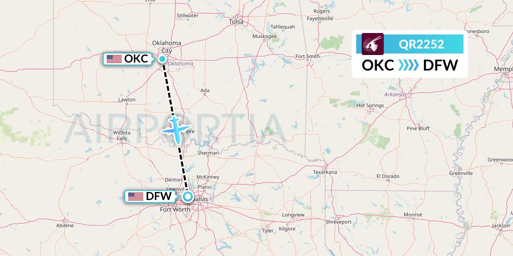 QR2252 Qatar Airways Flight Map: Oklahoma City to Dallas