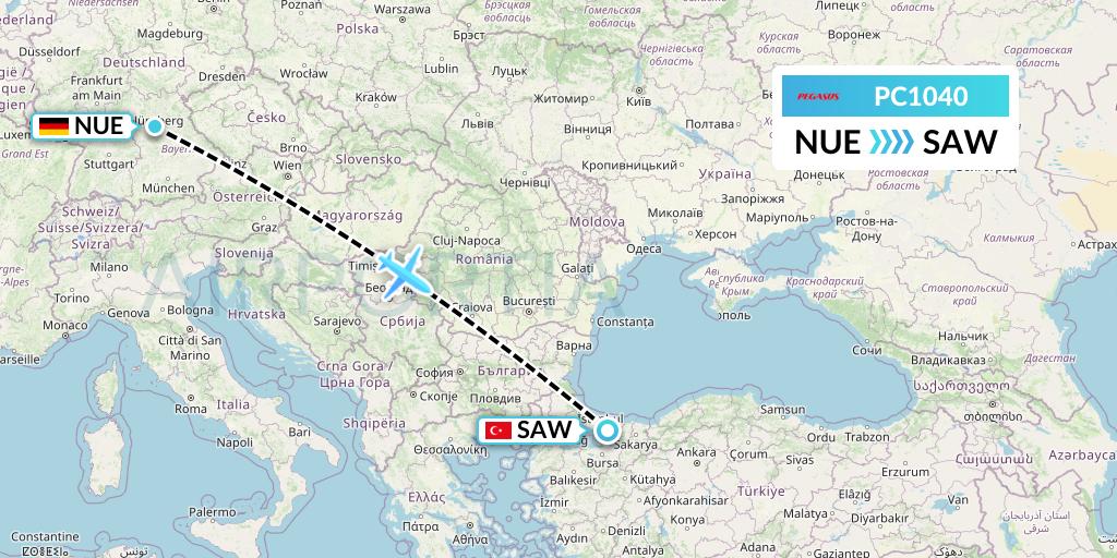 PC1040 Pegasus Airlines Flight Map: Nurnberg to Istanbul