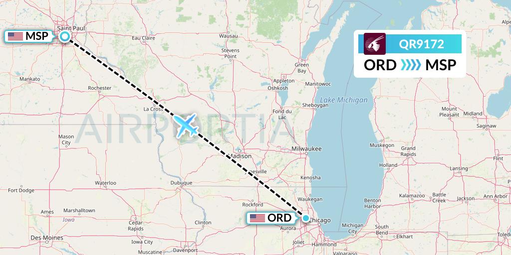 QR9172 Qatar Airways Flight Map: Chicago to Minneapolis