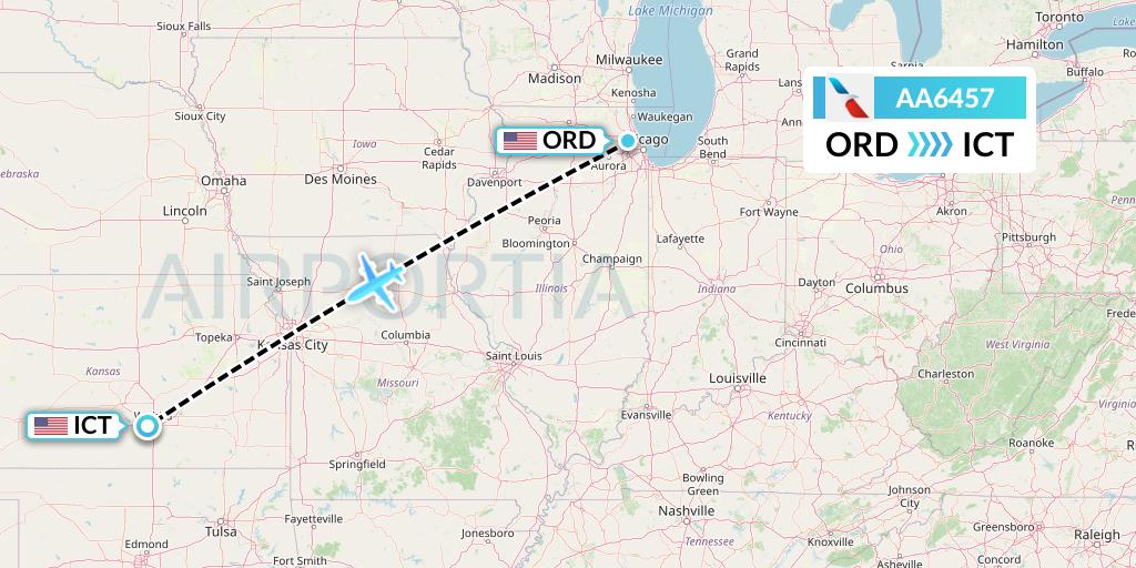 AA6457 American Airlines Flight Map: Chicago to Wichita