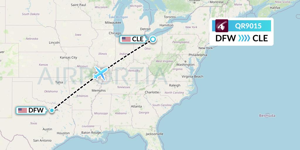 QR9015 Qatar Airways Flight Map: Dallas to Cleveland