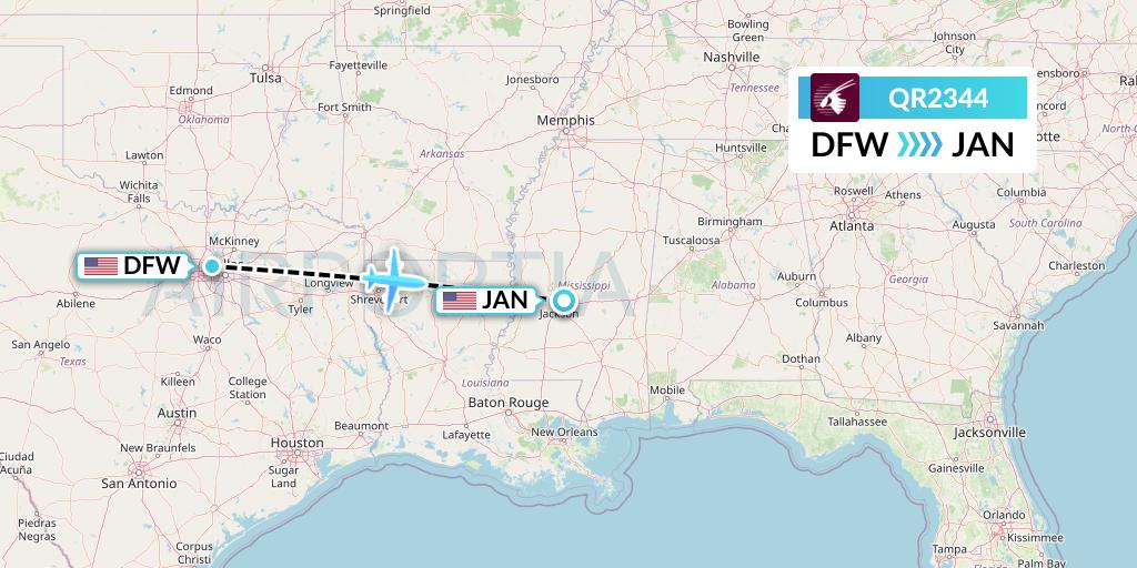 QR2344 Qatar Airways Flight Map: Dallas to Jackson
