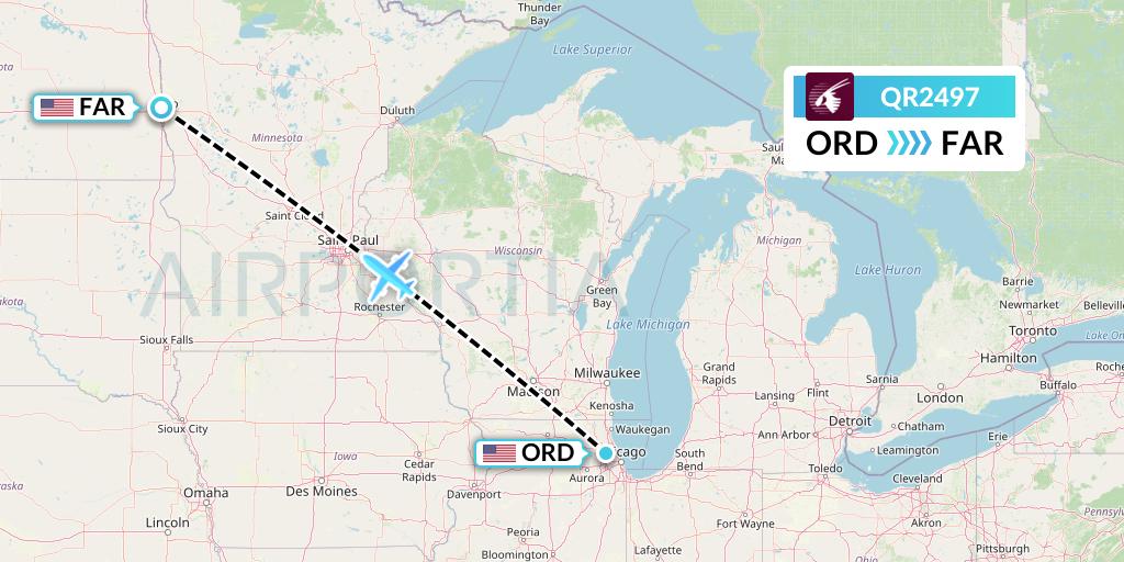 QR2497 Qatar Airways Flight Map: Chicago to Fargo