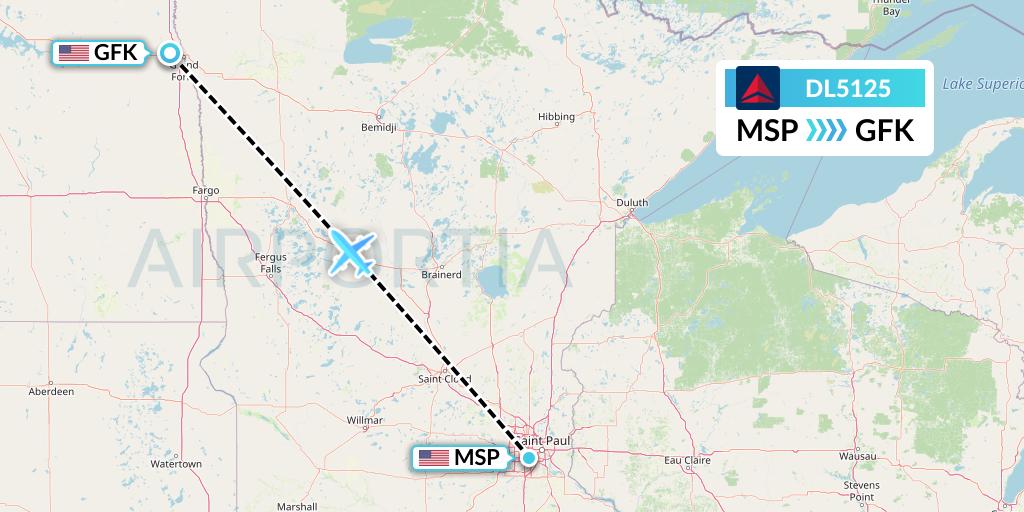 DL5125 Delta Air Lines Flight Map: Minneapolis to Grand Forks