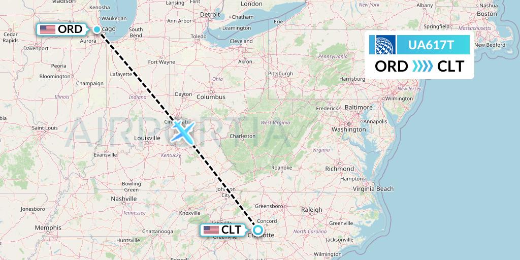 UA617T United Airlines Flight Map: Chicago to Charlotte