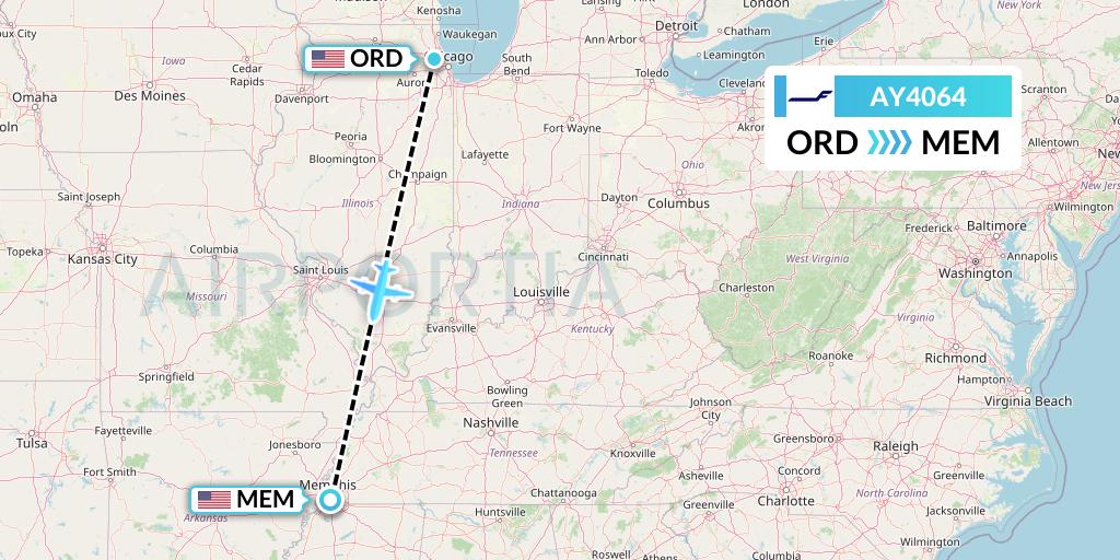 AY4064 Finnair Flight Map: Chicago to Memphis