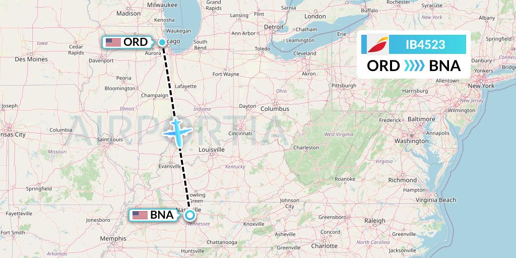 IB4523 Iberia Flight Map: Chicago to Nashville