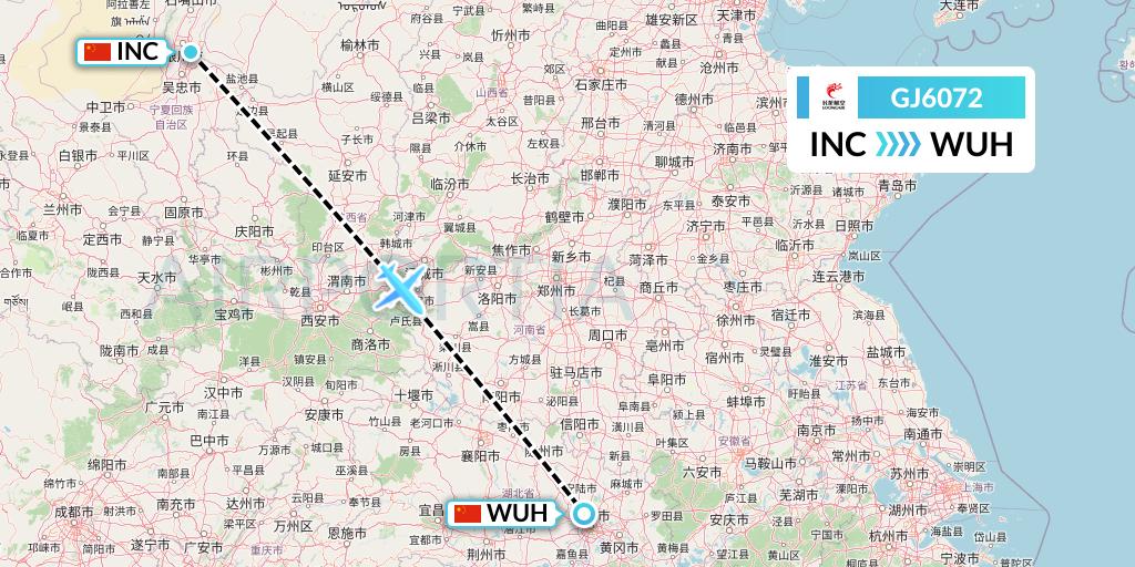 GJ6072 Loong Airlines Flight Map: Yinchuan to Wuhan