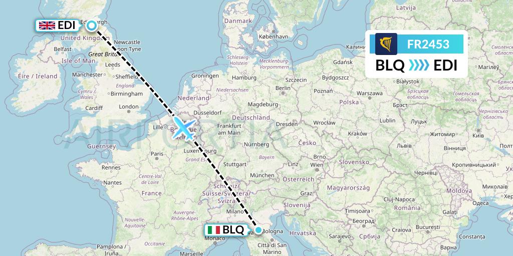 FR2453 Ryanair Flight Map: Bologna to Edinburgh