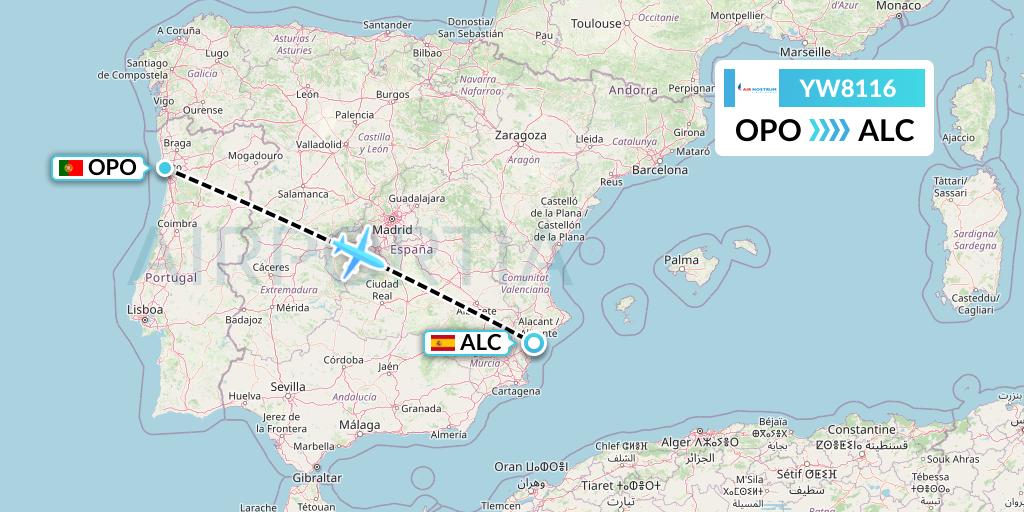 YW8116 Air Nostrum Flight Map: Porto to Alicante