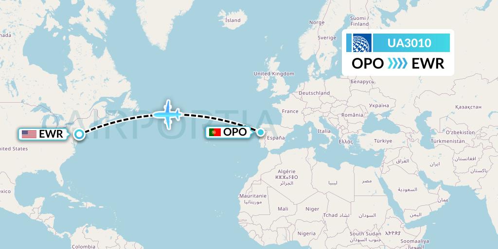 UA3010 United Airlines Flight Map: Porto to New York