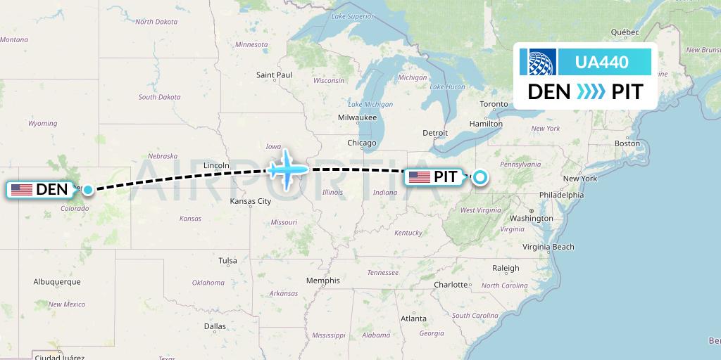 UA440 United Airlines Flight Map: Denver to Pittsburgh