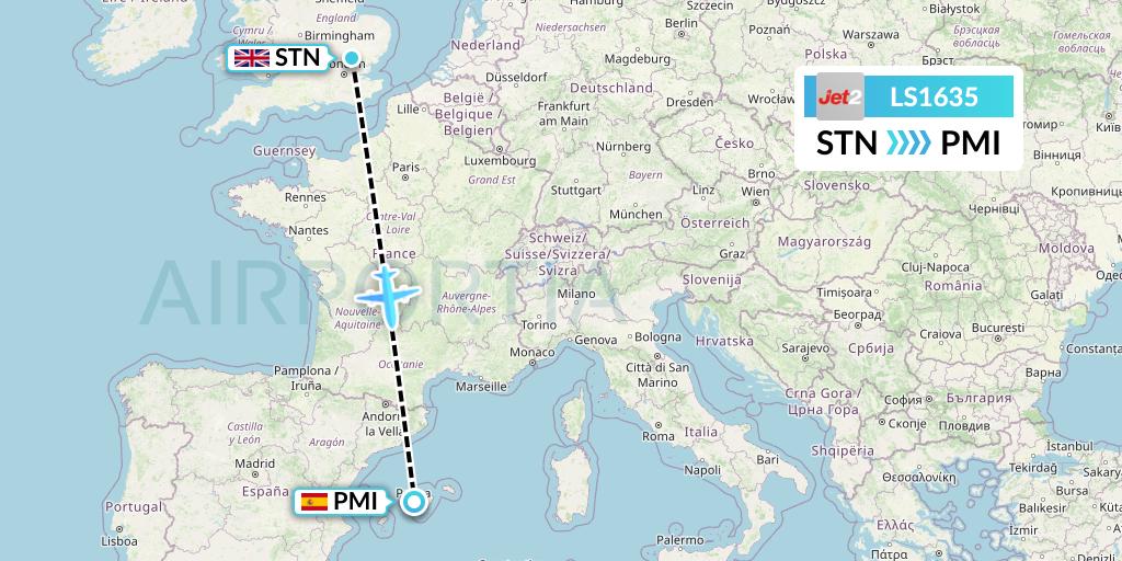 LS1635 Jet2 Flight Map: London to Palma de Mallorca