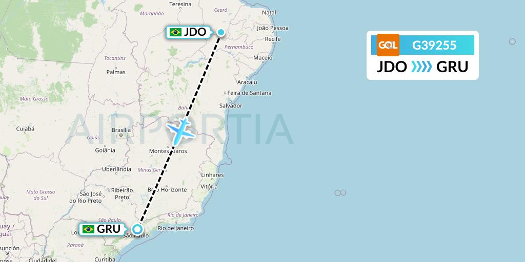 G39255 GOL Transportes Aeros Flight Map: Juazeiro Do Norte to Sao Paulo