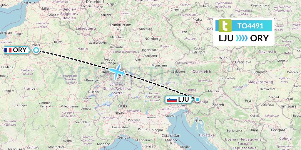 TO4491 Transavia France Flight Map: Ljubljana to Paris