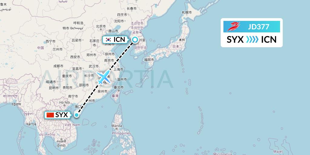 JD377 Capital Airlines Flight Map: Sanya to Seoul