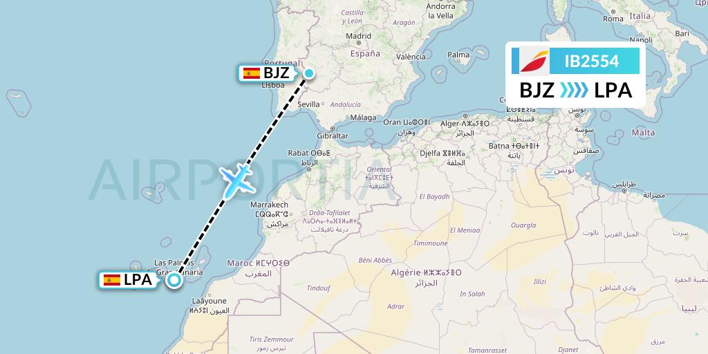 IB2554 Iberia Flight Map: Badajoz to Las Palmas