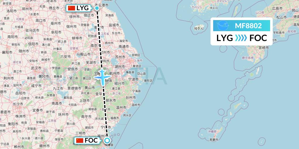 MF8802 Xiamen Airlines Flight Map: Lianyungang to Fuzhou