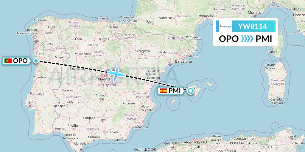 YW8114 Air Nostrum Flight Map: Porto to Palma de Mallorca