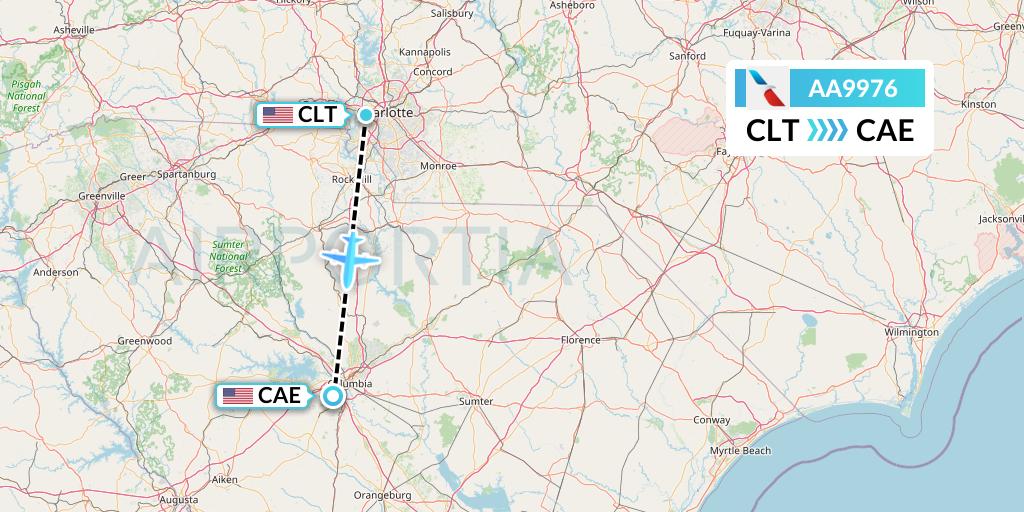 AA9976 American Airlines Flight Map: Charlotte to Columbia