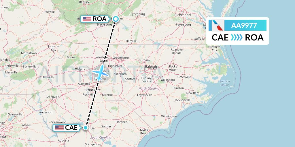 AA9977 American Airlines Flight Map: Columbia to Roanoke