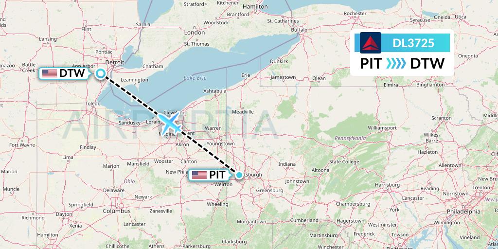 DL3725 Delta Air Lines Flight Map: Pittsburgh to Detroit