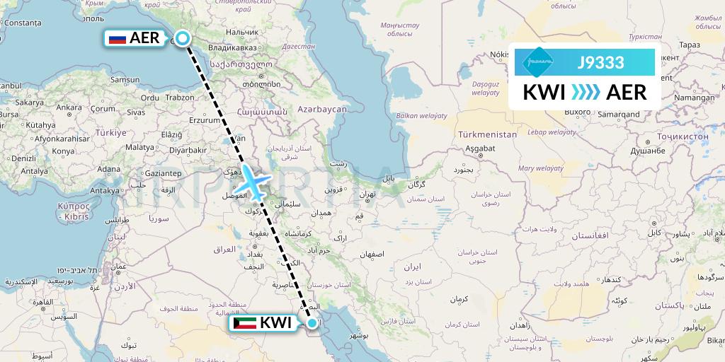 J9333 Jazeera Airways Flight Map: Kuwait City to Sochi
