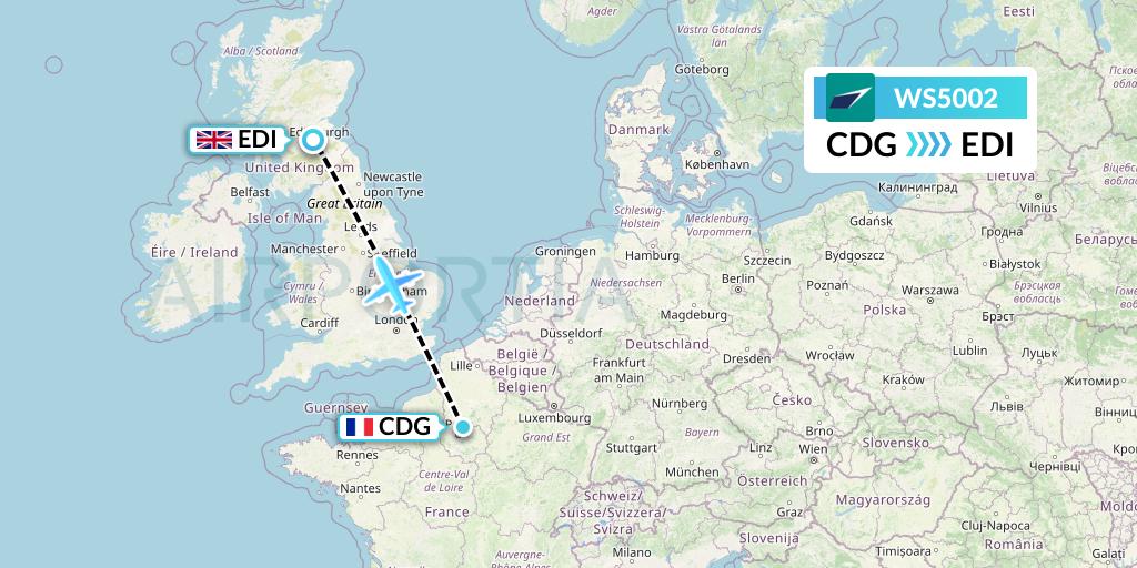 WS5002 WestJet Flight Map: Paris to Edinburgh