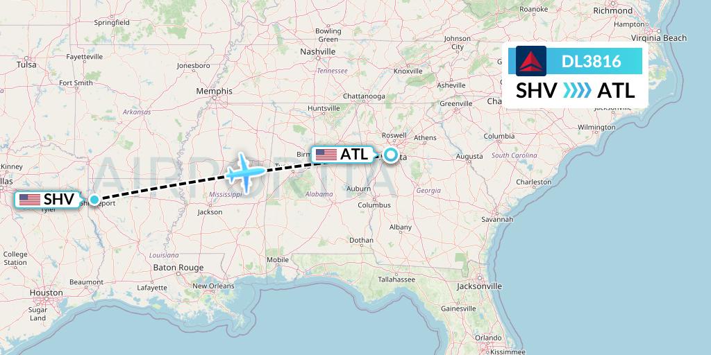 DL3816 Delta Air Lines Flight Map: Shreveport to Atlanta