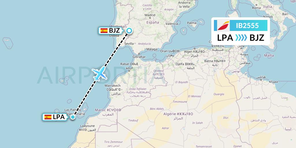 IB2555 Iberia Flight Map: Las Palmas to Badajoz