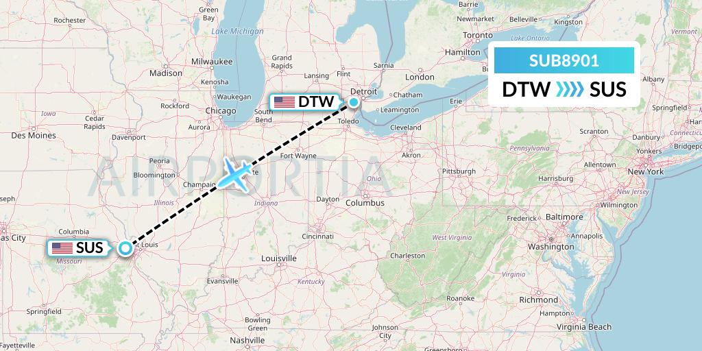 SUB8901 Suburban Air Freight Flight Map: Detroit to St. Louis