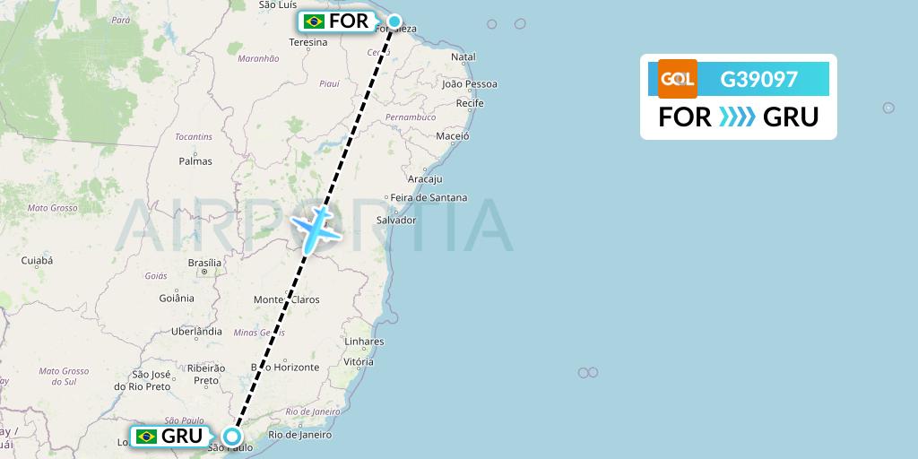 G39097 GOL Transportes Aeros Flight Map: Fortaleza to Sao Paulo
