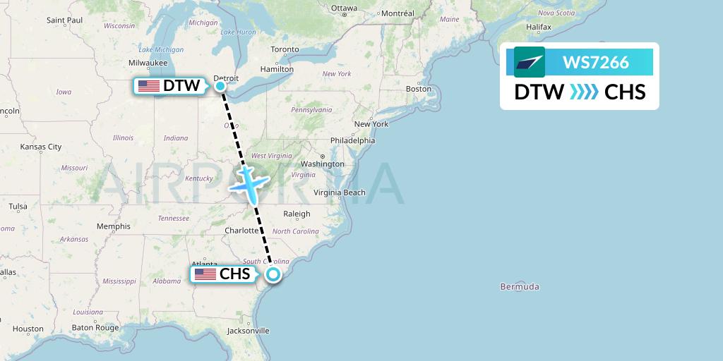 WS7266 WestJet Flight Map: Detroit to Charleston
