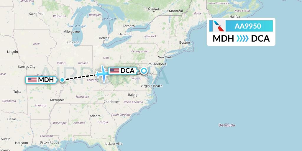 AA9950 American Airlines Flight Map: Carbondale-Murphysboro to Washington
