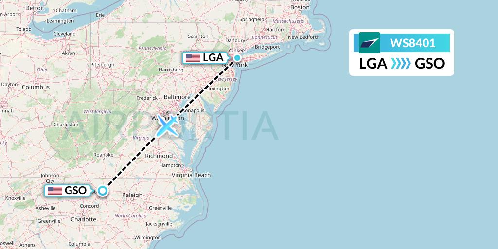 WS8401 WestJet Flight Map: New York to Greensboro