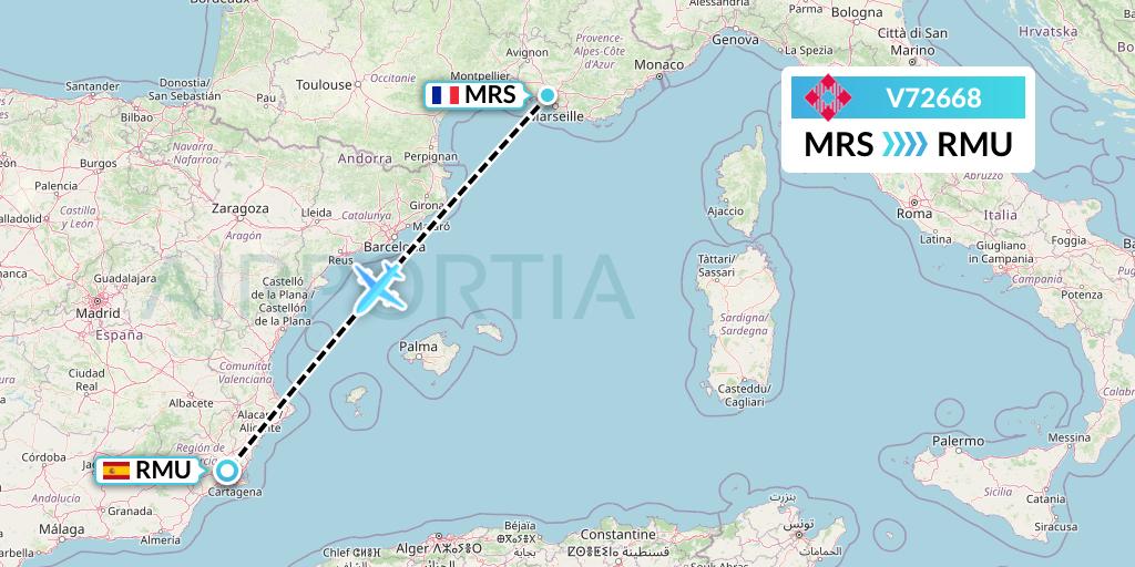 V72668 Volotea Flight Map: Marseille to Murcia