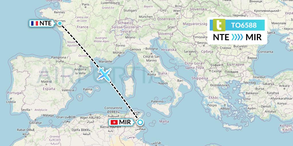 TO6588 Transavia France Flight Map: Nantes to Monastir