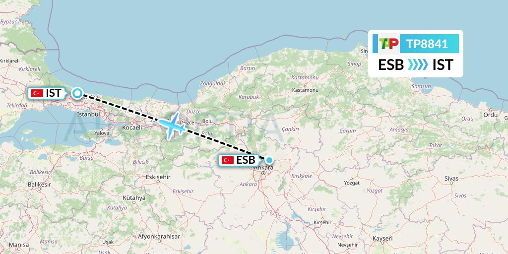 TP8841 TAP Portugal Flight Map: Ankara to Istanbul