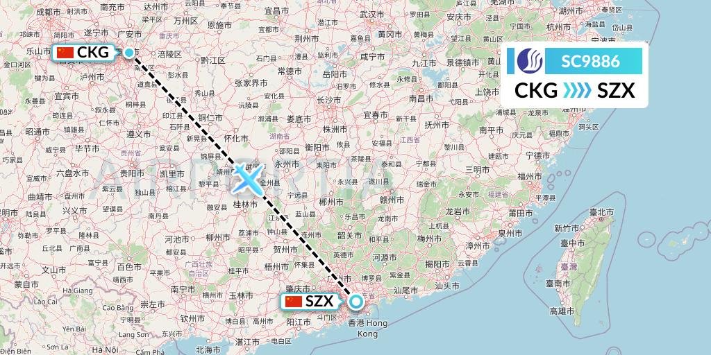 SC9886 Shandong Airlines Flight Map: Chongqing to Shenzhen