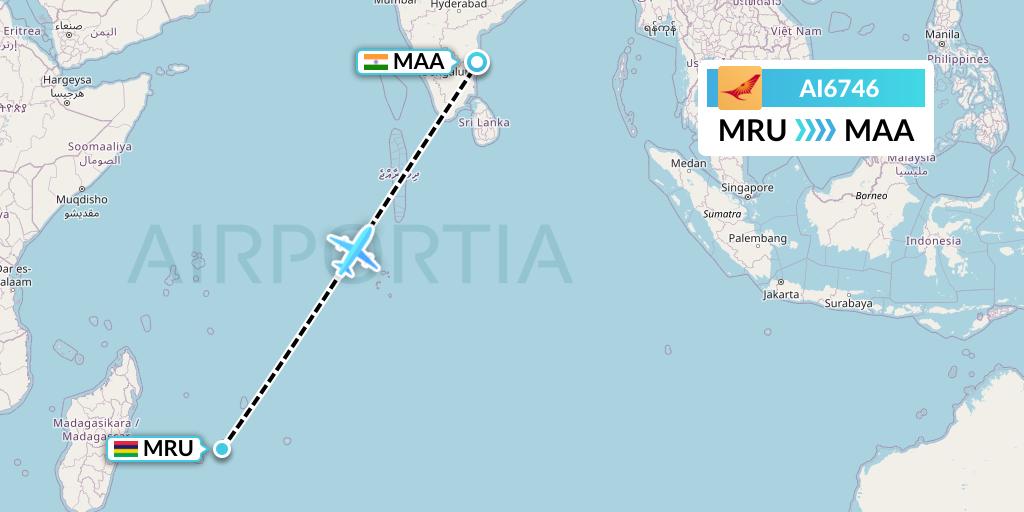 AI6746 Air India Flight Map: Port Louis to Chennai